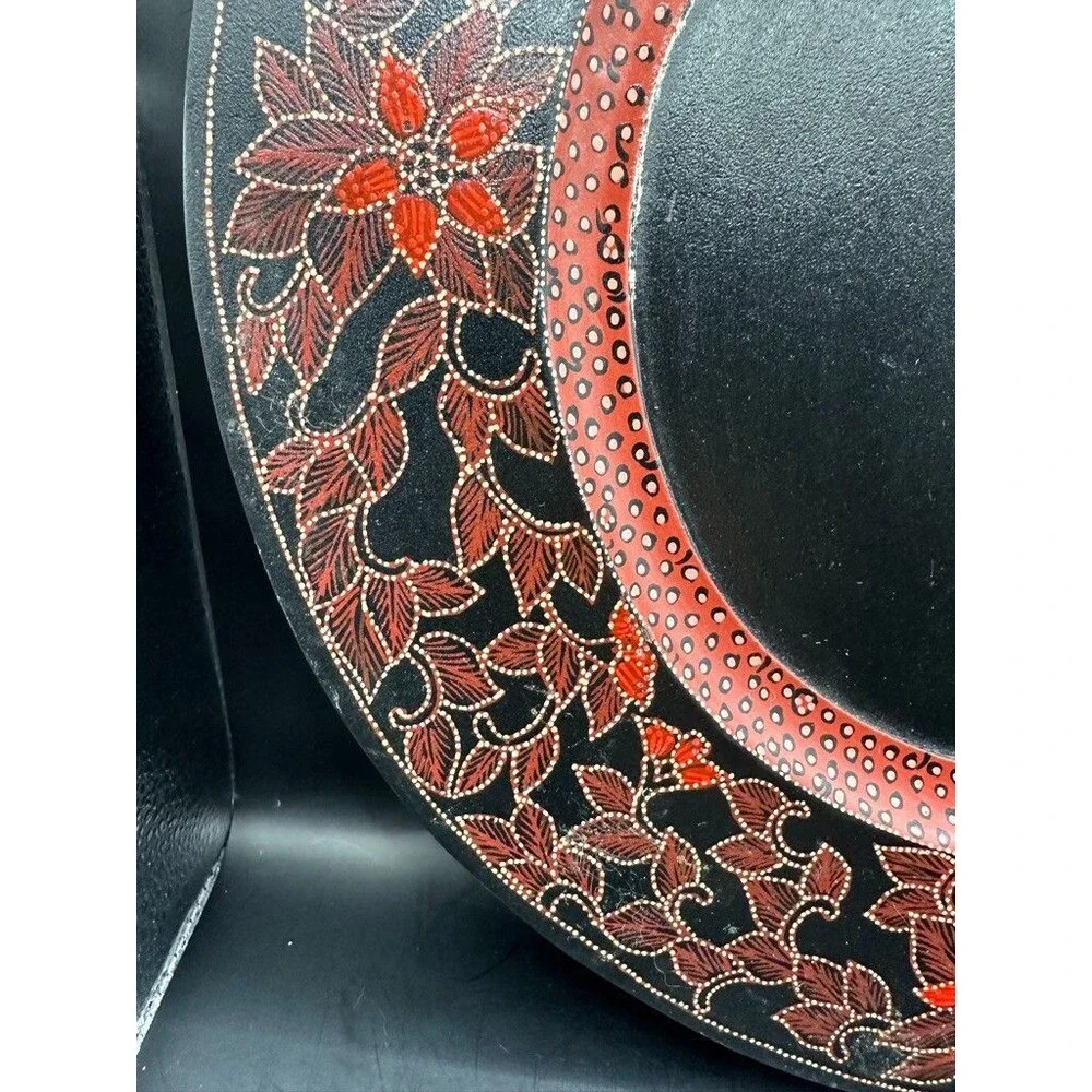 Pier 1 Large Round 13 inch 3 Decorative Wooden Charger Plates Red Black Floral